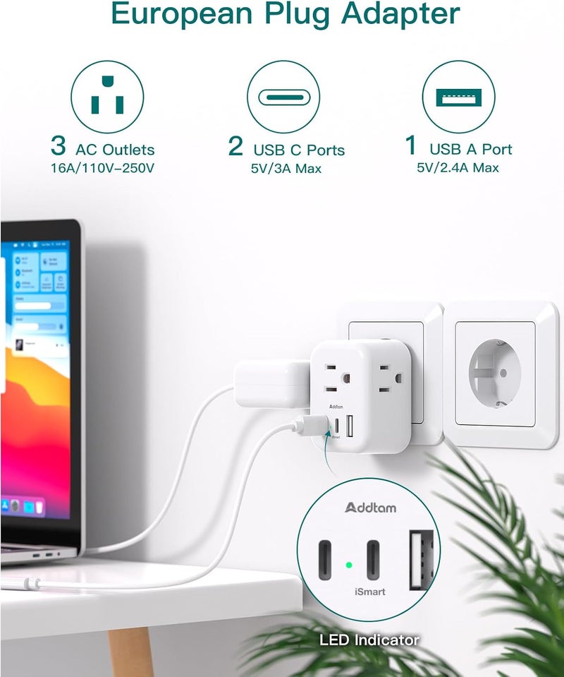 Addtam 3 Pack European Travel Plug Adapter, US to Europe Plug Adapter with 3 Outlets 3 USB Charger (2 USB C Port), Type C Power Adaptor to Italy Spain France Portugal Iceland - Image 2